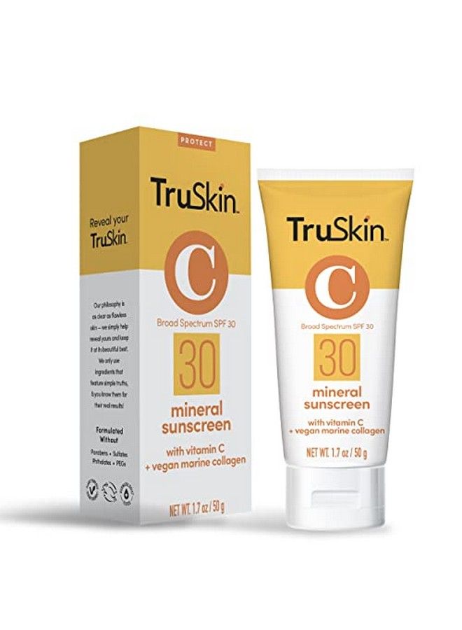 Truskin Mineral Face Sunscreen Spf 30 Mineral Sunscreen For Face With Zinc Oxide Vitamin C & Vegan Marine Collagen Reef Safe Sunscreen For Sensitive Skin 1.7 Fl Oz