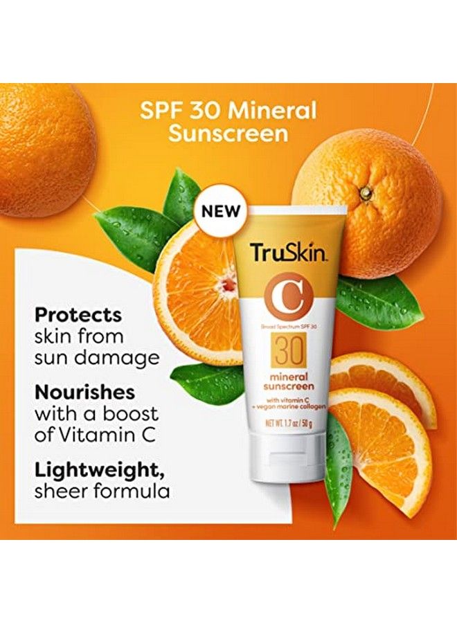 Truskin Mineral Face Sunscreen Spf 30 Mineral Sunscreen For Face With Zinc Oxide Vitamin C & Vegan Marine Collagen Reef Safe Sunscreen For Sensitive Skin 1.7 Fl Oz