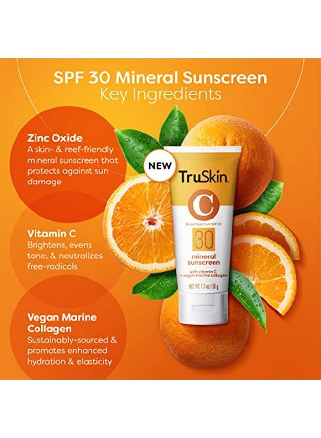 Truskin Mineral Face Sunscreen Spf 30 Mineral Sunscreen For Face With Zinc Oxide Vitamin C & Vegan Marine Collagen Reef Safe Sunscreen For Sensitive Skin 1.7 Fl Oz
