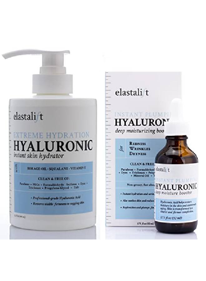 Hyaluronic Acid Hydrating Moisturizing Body Cream W/ Plumping Facial Serum Skin Care Routine Bundle Antiaging Hyaluronic Acid Lotion & Serum Repairs Dry Skin & Wrinkles (2Pack Bundle)