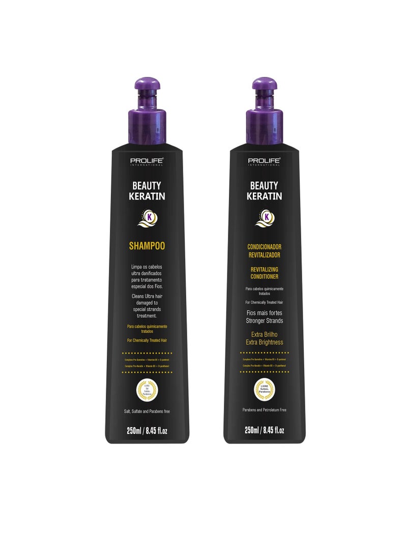 Beauty Keratin Shampoo and Conditioner set | Damaged Hair Therapy | Rich of Complex Keratin and B5 Vitamin | Sulfate Free 250ml Made In Brazil