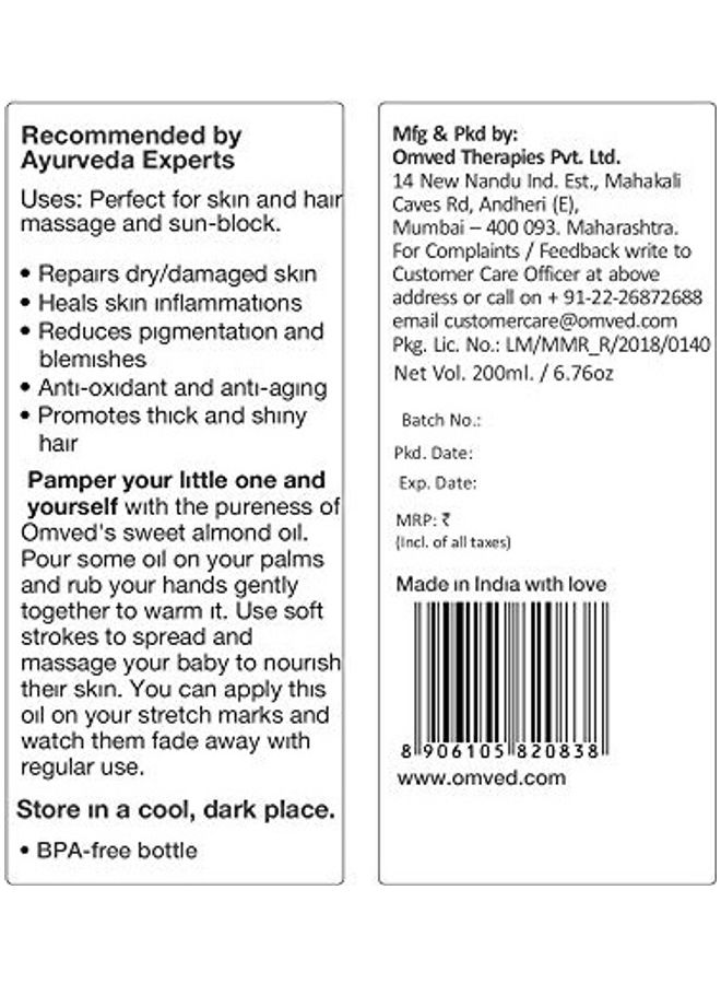 Organic Sweet Almond Virgin Oil Clear 200ml