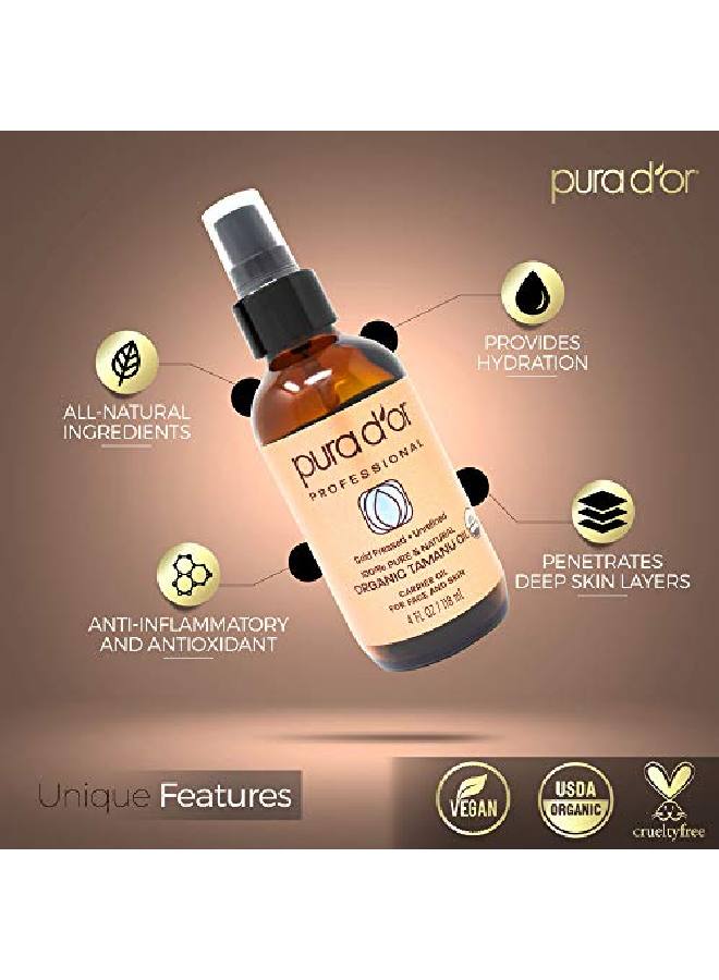 Pura D’Or Tamanu Oil (4Oz / 118Ml) Usda Organic Certified 100% Pure Natural Hexane Free Premium Grade Moisturizer Helps Reduce Appearance Of Scars From Psoriasis Eczema & Acne (Packaging May Vary)