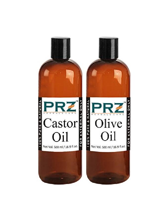Combo of Extra Virgin Olive Oil & Castor Oil 100% Pure Cold Pressed Oil for Hair Skin and Body Massage (500ML Each)