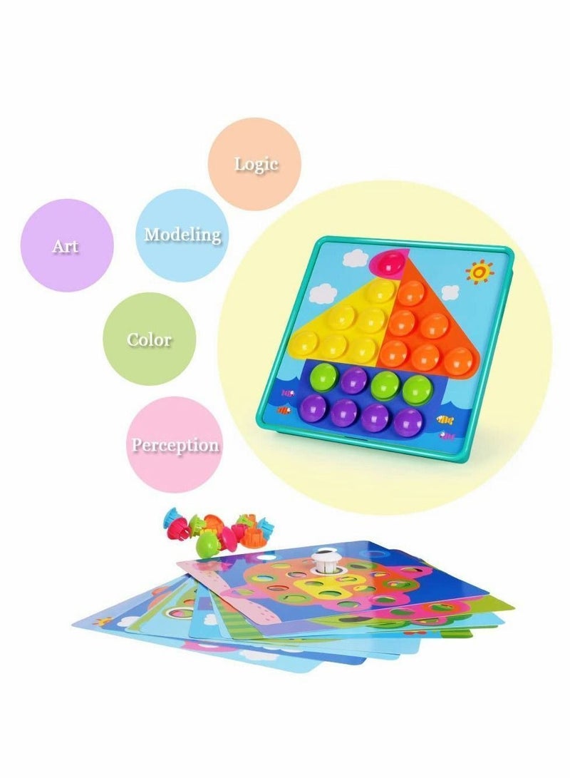 Toddler Crafts Puzzles Set, Button Art Toys for Preschool Boys Girls, Early Developmental Activities Game, 10 Pictures and 46 Buttons, with a Box Easy to Storage