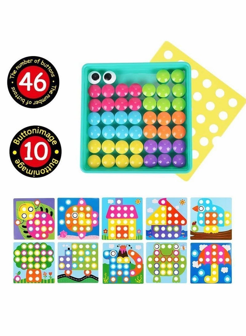Toddler Crafts Puzzles Set, Button Art Toys for Preschool Boys Girls, Early Developmental Activities Game, 10 Pictures and 46 Buttons, with a Box Easy to Storage