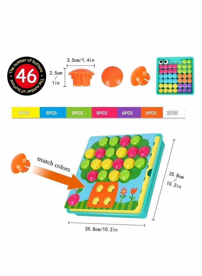 Toddler Crafts Puzzles Set, Button Art Toys for Preschool Boys Girls, Early Developmental Activities Game, 10 Pictures and 46 Buttons, with a Box Easy to Storage