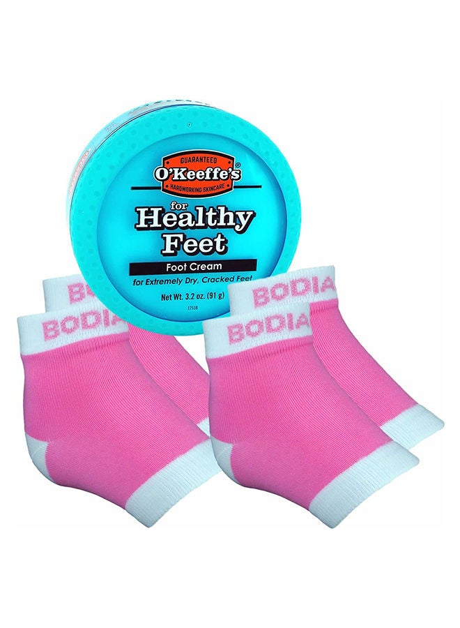 Pair Of 2 Moisturizing Heel Socks With Foot Cream Pink/White