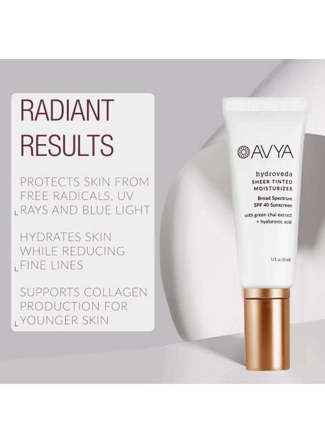 Avya Hydroveda Essentials Sheer Tinted Moisturizer In Shade 2 (1.7Oz) Advanced Ayurvedic Skincare / Light Coverage With Spf 40 / Hyaluronic Acid With Green Chai Balances And Brightens Skin