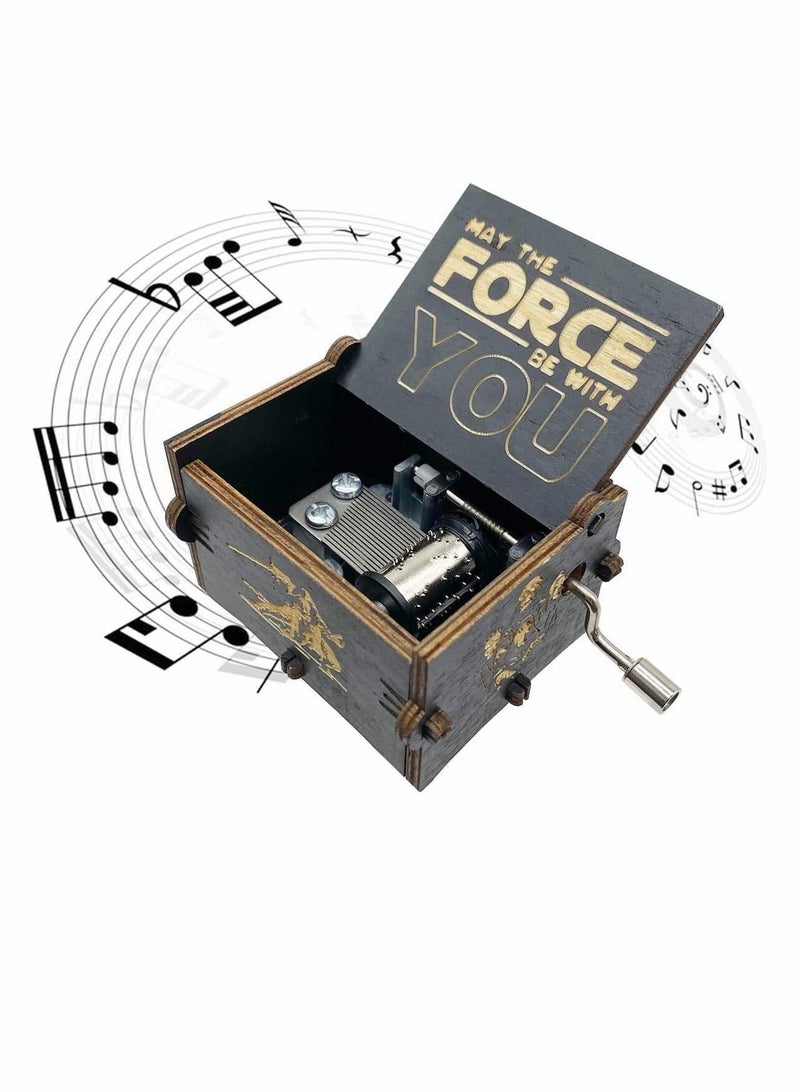 Star Wars Music Box, Wooden Hand Crank Unique Musical Boxes Theme Starwars, Mini Antique Vintage Craft Laser Engraved Home Decorations for Wedding, Valentines, Birthday Gifts, (Black)