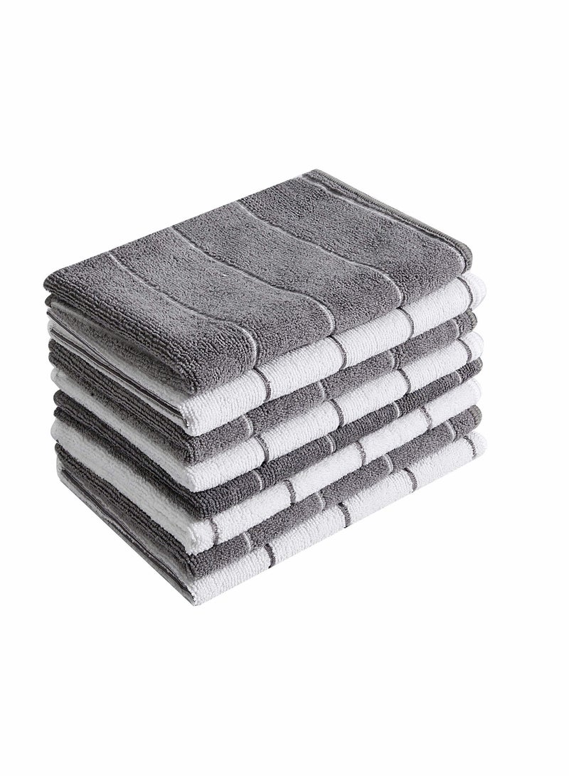 Kitchen Towels Microfiber Super Absorbent, Soft and Solid Color Dish Towels, 8 Pack (Stripe Designed Grey White Colors), 26 x 18 Inch