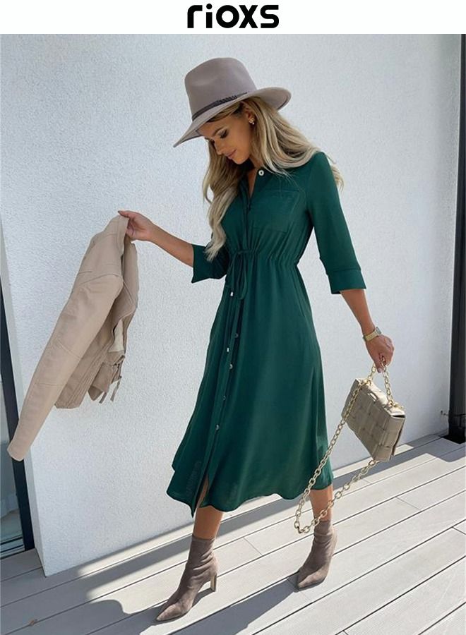 Women's Button Down Midi Dress, Summer Casual T-shirt Dress, Stylish Loose Dress with Drawstring Design and 3/4 Sleeves, Perfect for Daily Wear, Work Office, Dating, Beach, and Parties