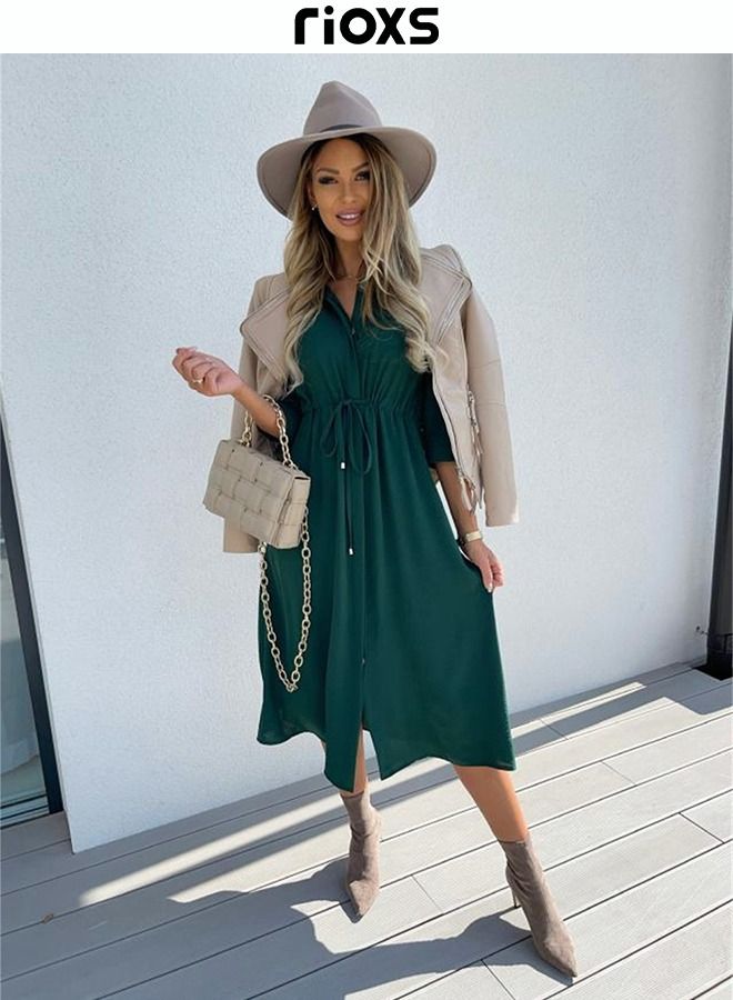 Women's Button Down Midi Dress, Summer Casual T-shirt Dress, Stylish Loose Dress with Drawstring Design and 3/4 Sleeves, Perfect for Daily Wear, Work Office, Dating, Beach, and Parties