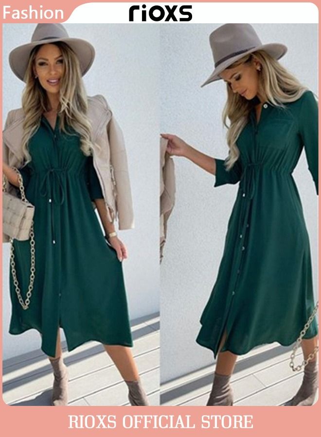 Women's Button Down Midi Dress, Summer Casual T-shirt Dress, Stylish Loose Dress with Drawstring Design and 3/4 Sleeves, Perfect for Daily Wear, Work Office, Dating, Beach, and Parties