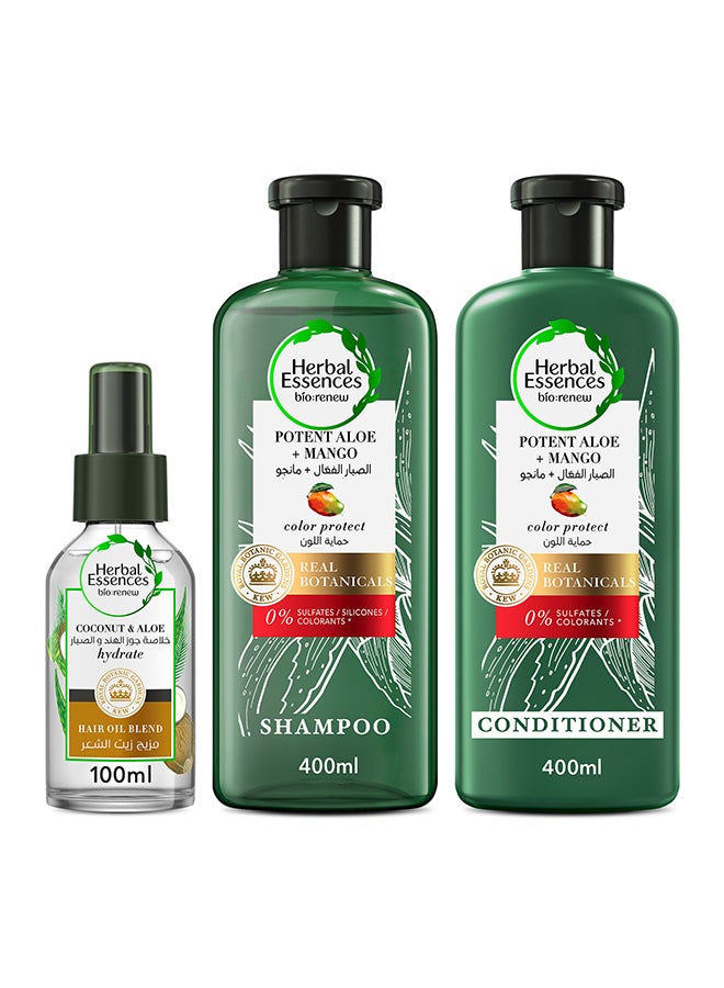 Sulfate Free Potent Aloe Vera And Mango Shampoo With Conditioner, Coconut, Aloe Vera Hair Oil 2x400ml+100ml Pack of 3