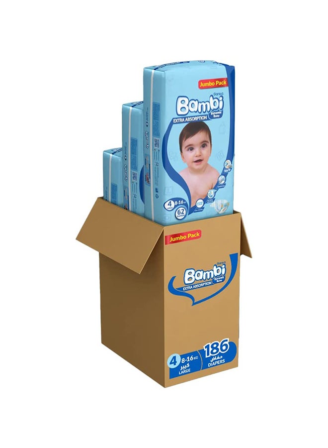 Size 4, Large, 8-16 Kg, Jumbo Pack, 186 Diapers