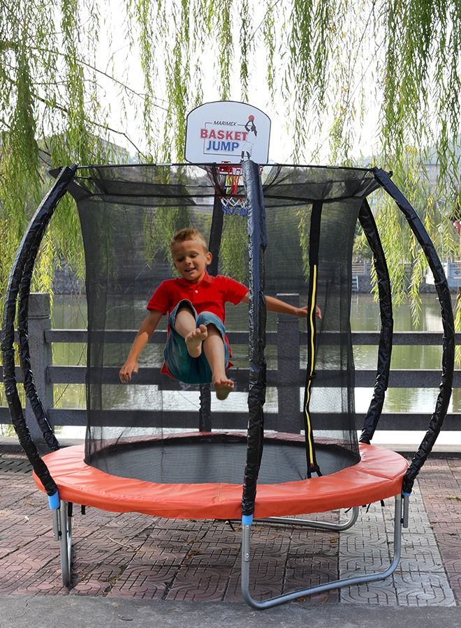 8ft Outdoor Round Trampoline Children Jumping Bed With Basketball Frame Hoop