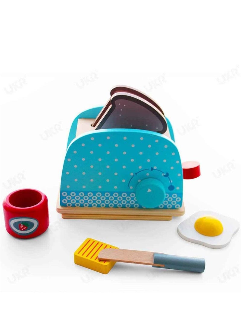 UKR Wooden Toaster Kitchen Appliance Toy | Blue | Interactive Pretend Play Toy for Kids | Early Learning Fun