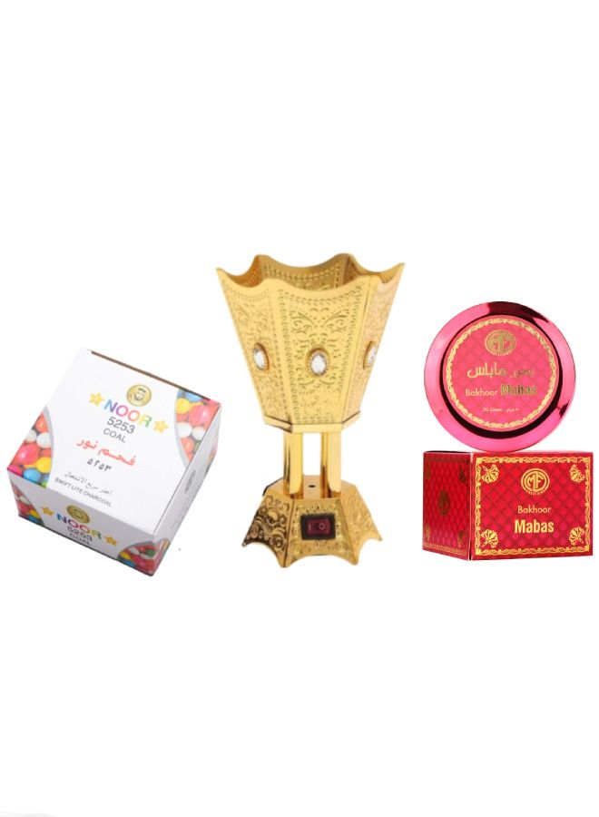 Ultimate Gift Set - Bakhoor Mabas 70Gm | Noor 5253 Charcoal 80Pcs | Electric Incense Burner - (3Pcs Included)
