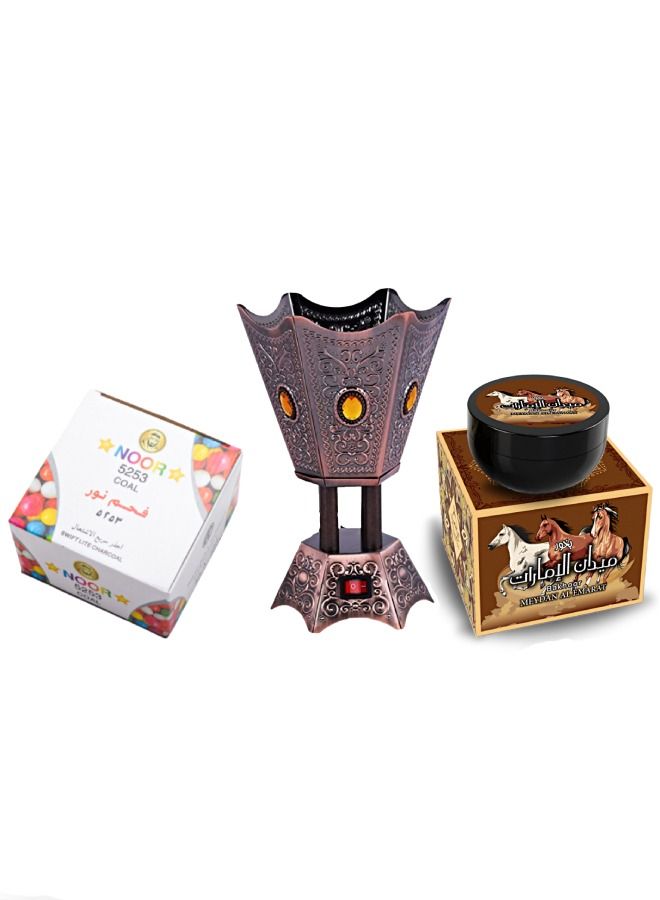 Ultimate Gift Set - Bakhoor Meydan Al Emarat 70Gm | Noor 5253 Charcoal 80Pcs | Electric Incense Burner - (3Pcs Included)