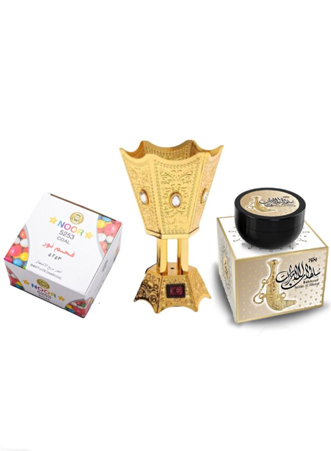 Ultimate Gift Set - Bakhoor Sultan Al Emarat 70Gm | Noor 5253 Charcoal 80Pcs | Electric Incense Burner - (3Pcs Included)