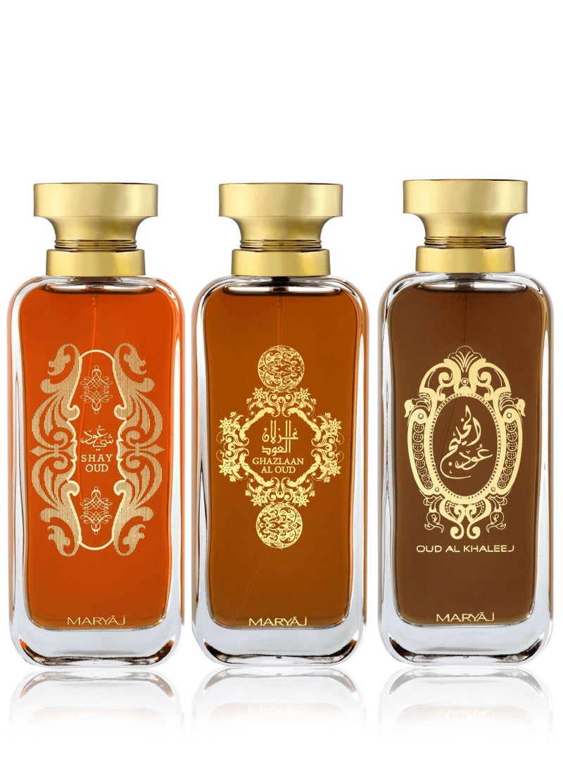 MARYAJ ARABIC OUD Oriental Fragrance Eau De Parfum Gift Set of 3 EDP - SHAY OUD, GAZLAAN AL OUD & OUD AL KHALEEJ