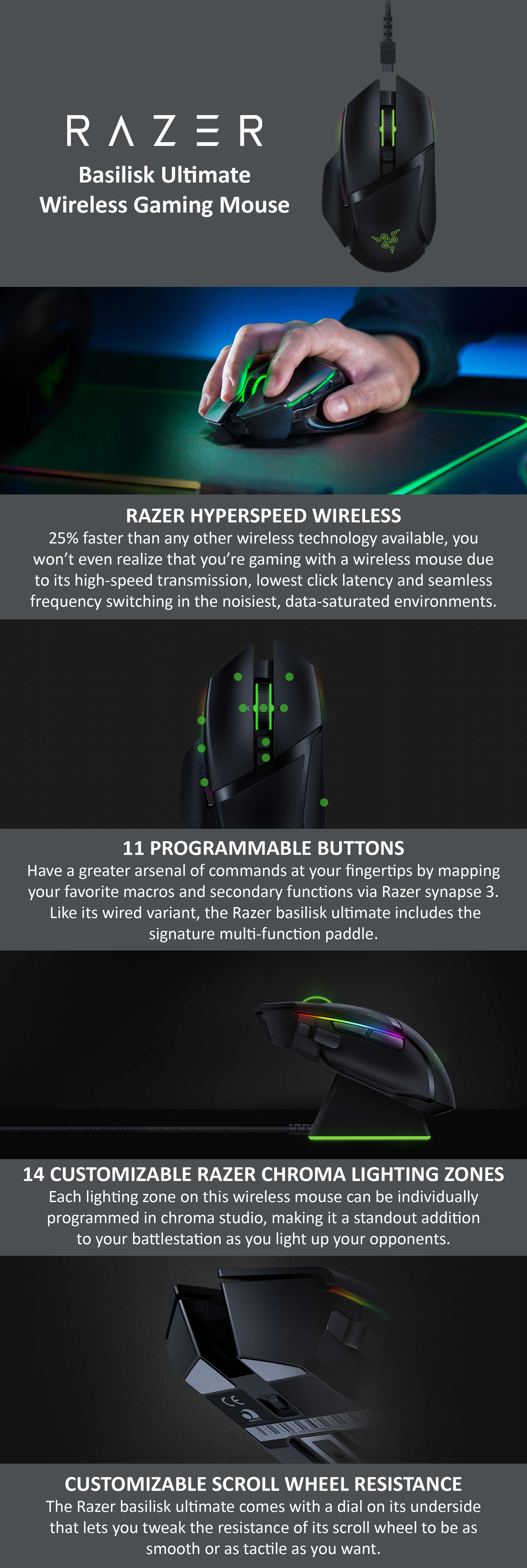 Razer Basilisk Ultimate HyperSpeed Wireless Gaming Mouse with Charging Dock, 20K DPI Optical Sensor, Chroma RGB, 11 Programmable Buttons, 100 Hr Battery - Classic Black Black