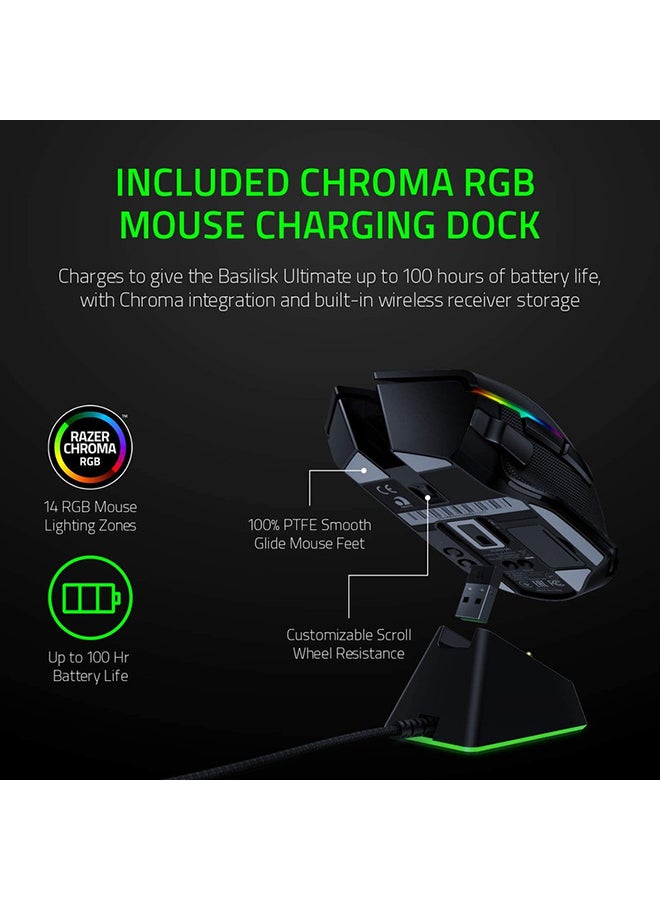 Razer Basilisk Ultimate HyperSpeed Wireless Gaming Mouse with Charging Dock, 20K DPI Optical Sensor, Chroma RGB, 11 Programmable Buttons, 100 Hr Battery - Classic Black Black