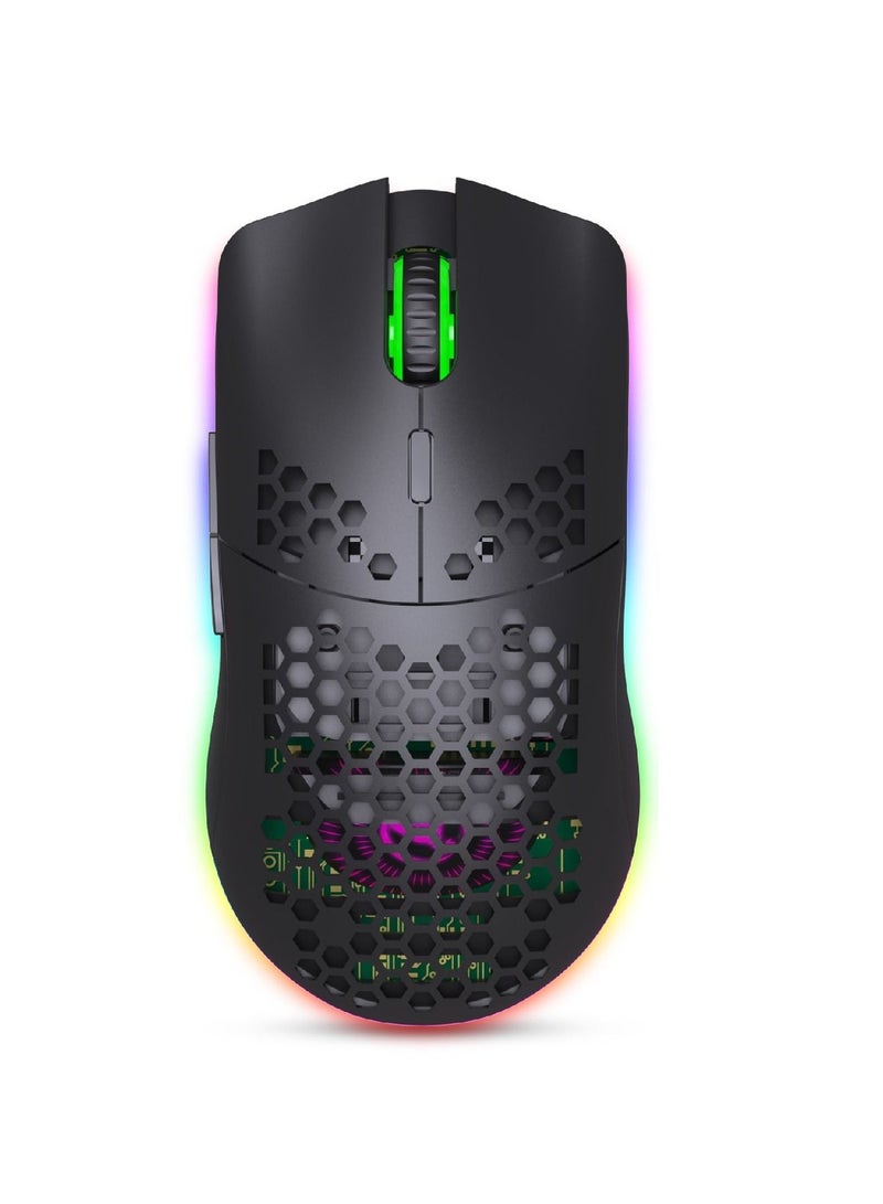 Rechargeable Wireless Honeycomb Gaming Mouse Lightweight with 3200 Dpi Rgb Rainbow Backlit Black