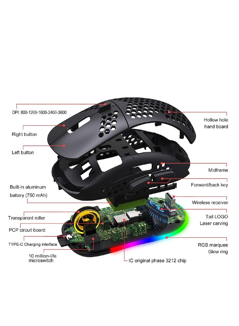Wireless Mouse Honeycomb Lightweight Rgb Backlit  Rechargeable Laptop Desktop  For Home Office Black