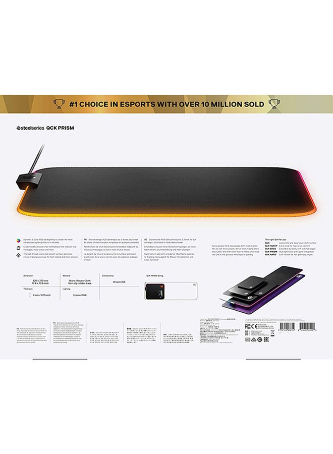 SteelSeries QcK Prism Cloth Gaming Mouse Pad - 2-zone RGB Illumination - Real-time Event Lighting - Optimized For Gaming Sensors - Size M (320 x 270 x 2mm) - Black + RGB