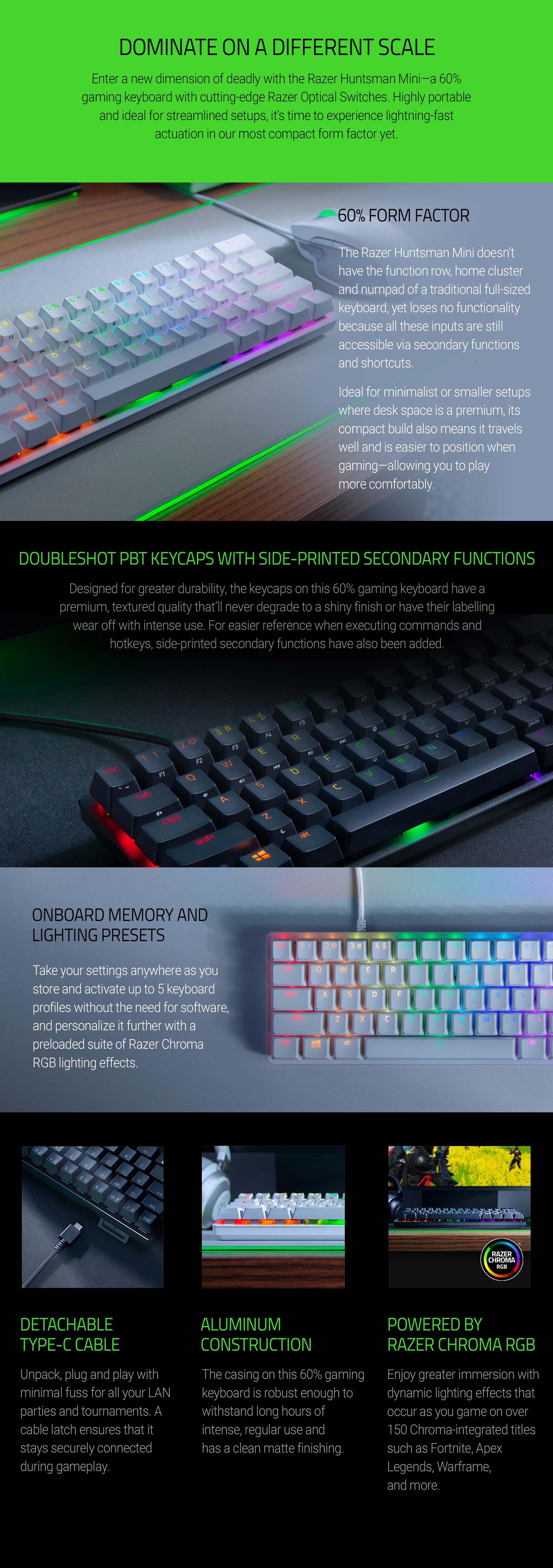 Huntsman Mini 60% Gaming Keyboard: Fast Keyboard Switches, Linear Optical Switches, Chroma RGB Lighting, PBT Keycaps, Onboard Memory Snap Tap - White