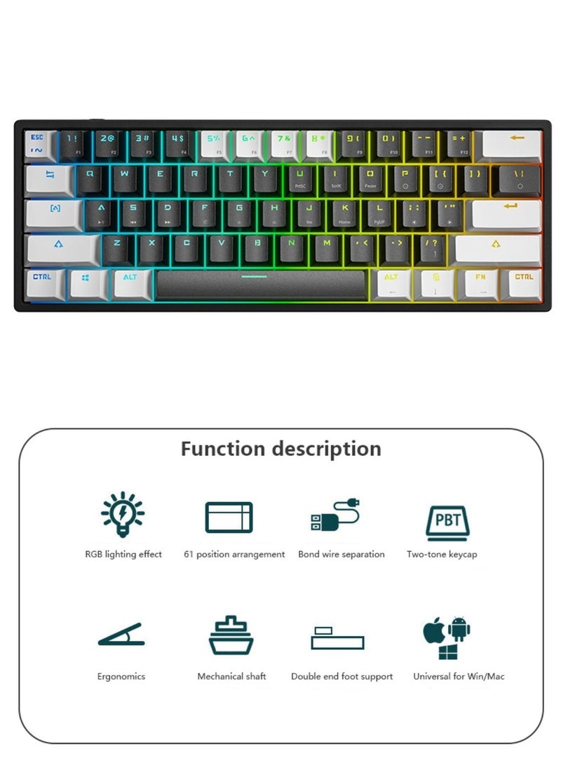 Mechanical Keyboard 61 Keys PBT Translucent Dual-Color Injection Keycaps RGB Backlight Detachable Type-C 60% Wired Gaming Keyboard White/Black - Red Switch