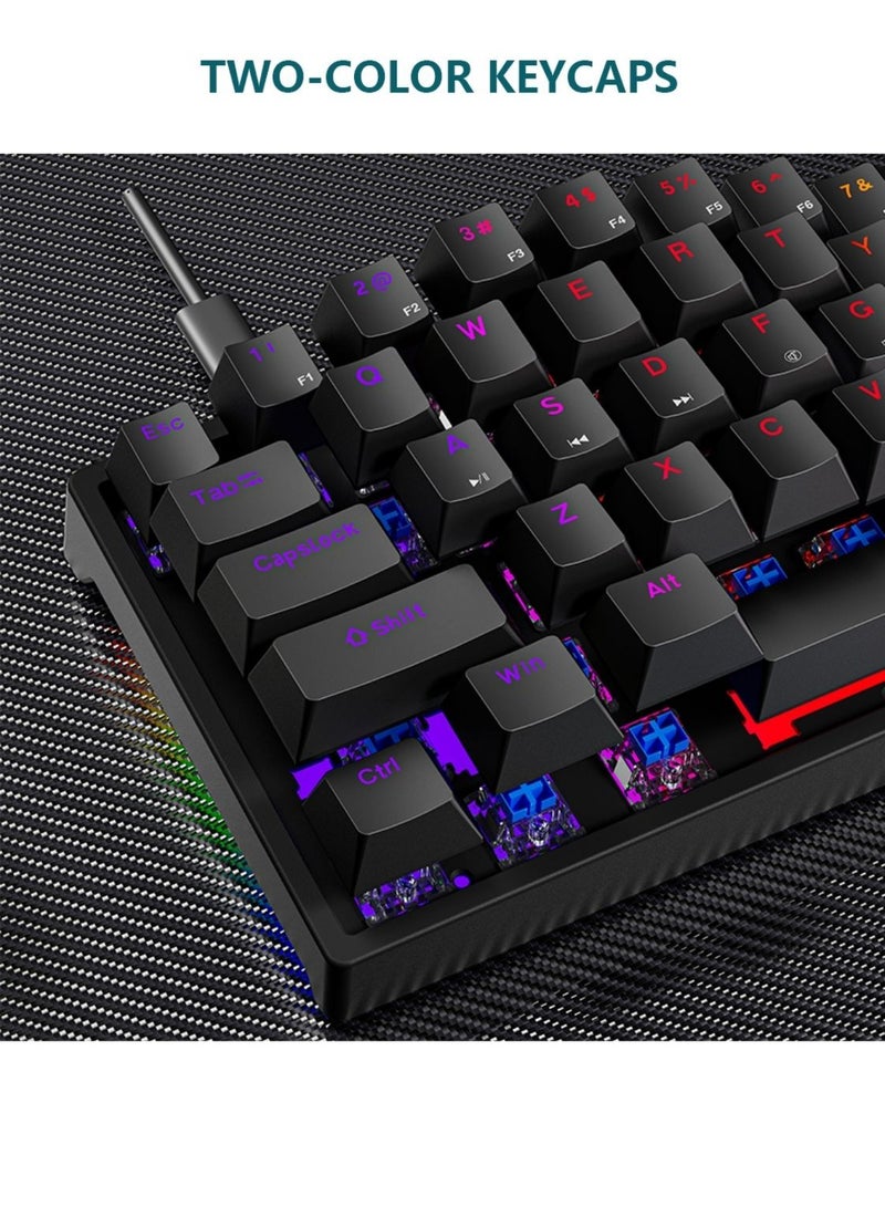 Mechanical Keyboard 61 Keys PBT Translucent Dual-Color Injection Keycaps RGB Backlight Detachable Type-C 60% Wired Gaming Keyboard White/Black - Red Switch