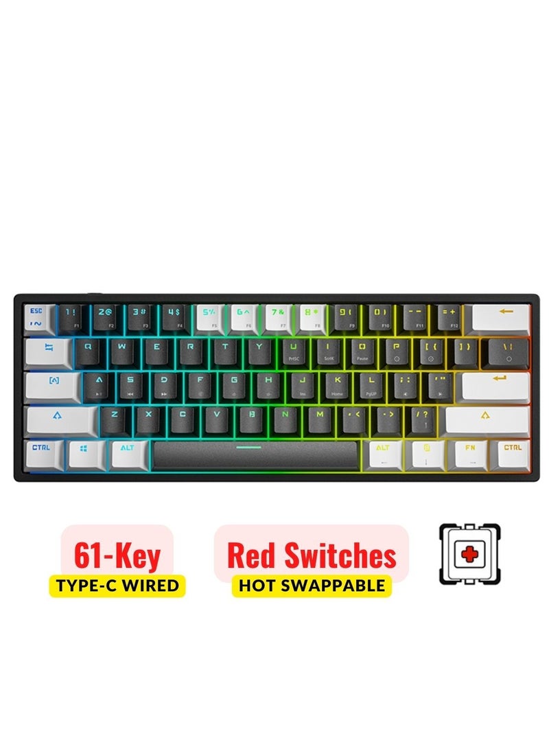 Mechanical Keyboard 61 Keys PBT Translucent Dual-Color Injection Keycaps RGB Backlight Detachable Type-C 60% Wired Gaming Keyboard White/Black - Red Switch