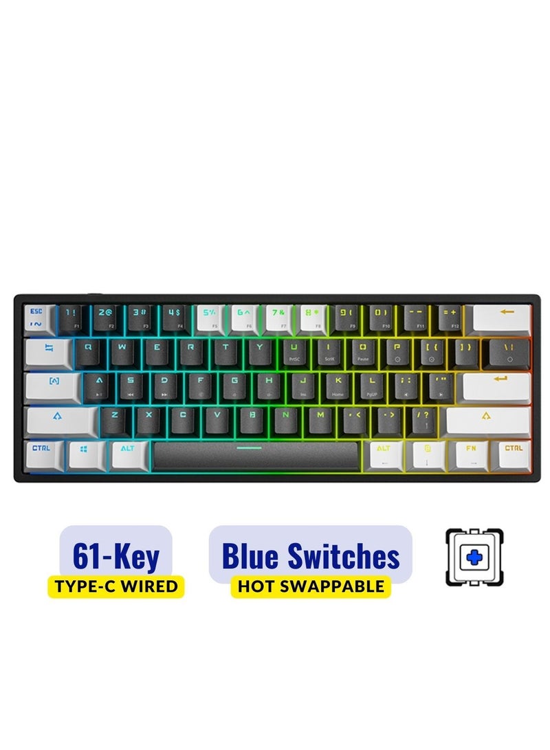 Mechanical Keyboard 61 Keys PBT Translucent Dual-Color Injection Keycaps RGB Backlight Detachable Type-C 60% Wired Gaming Keyboard White/Black - Blue Switch