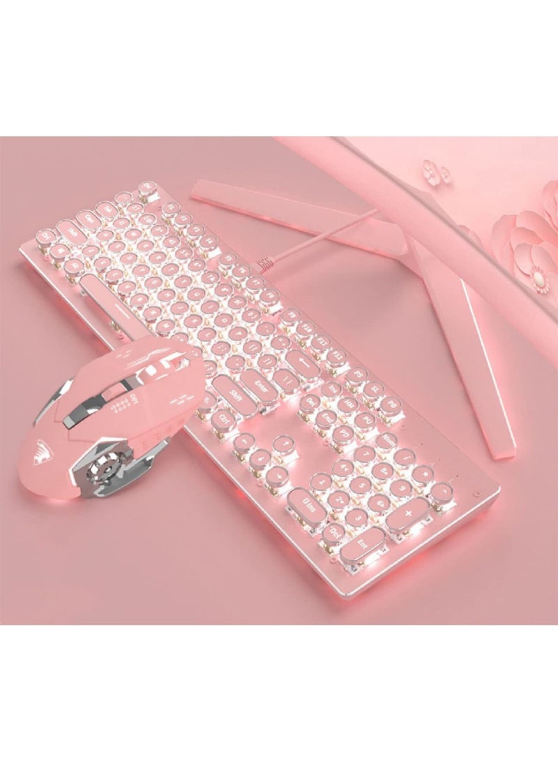 Gaming Wire Keyboard with Mouse set, Retro Punk Typewriter-Style, Blue Switches, White Backlight, USB Wired, for PC Laptop Desktop Computer, for Game and Office, Stylish Pink Mechanical Keyboard