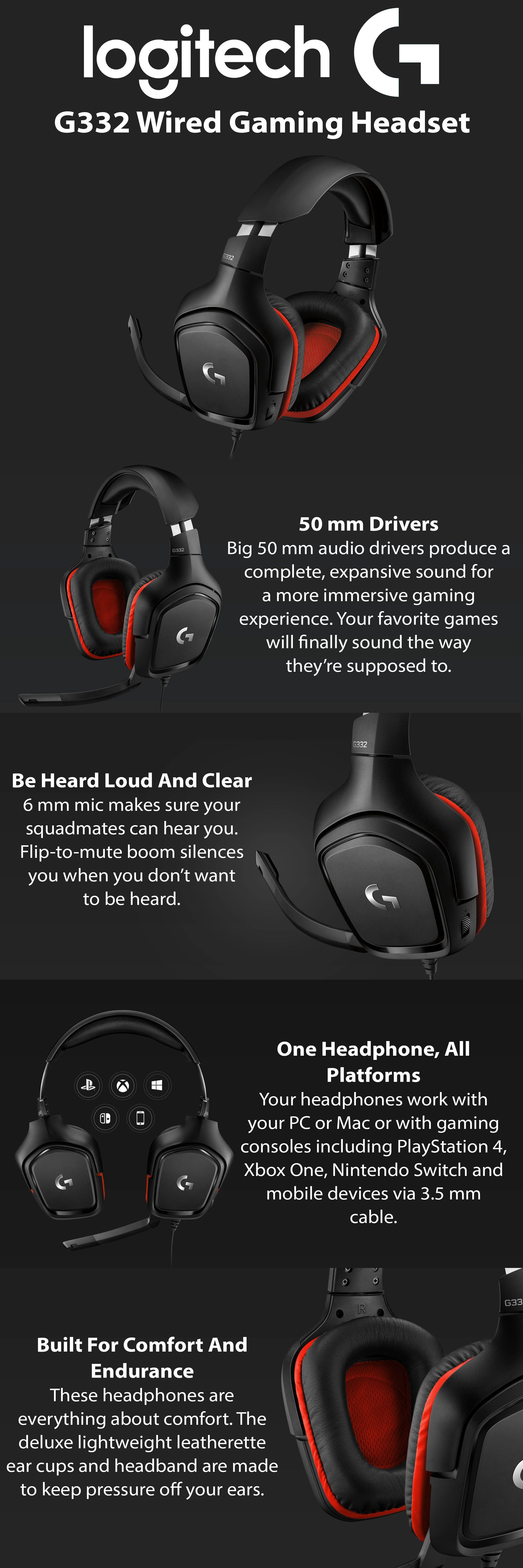 G332 Wired Gaming Headset, 50 mm Audio Drivers, Rotating Leatherette Ear Cups, 3.5 mm Audio Jack, Flip-to-Mute Mic, Lightweight For PC,Xbox One,Xbox Series X|S,PS5,PS4,Nintendo Switch