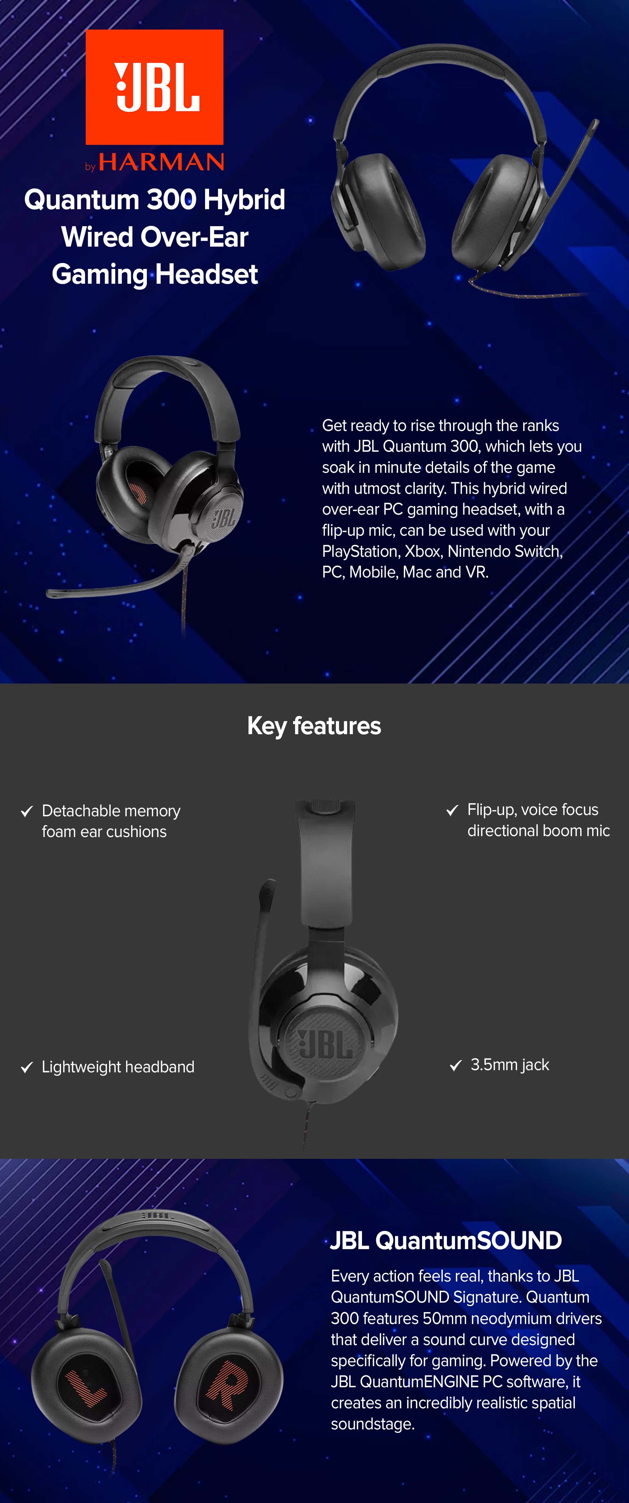 Quantum 300 Hybrid Wired Over-Ear Gaming Headset With Flip-Up Mic