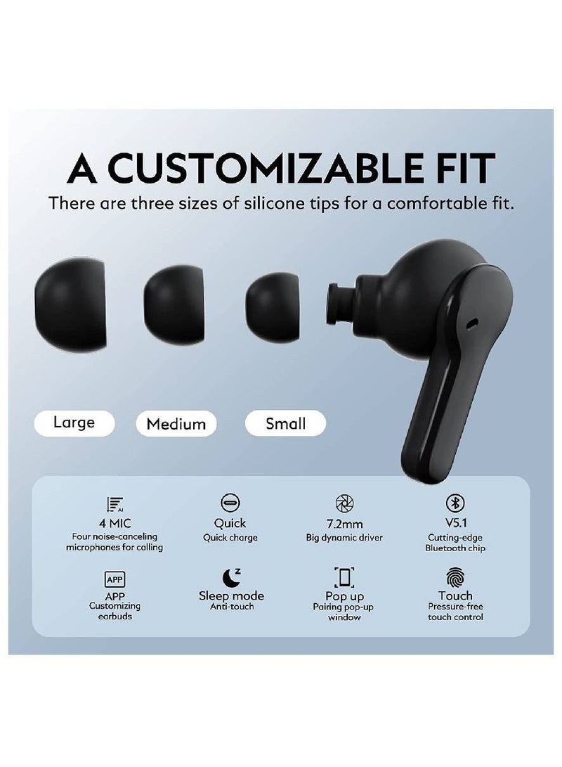 Wireless Bluetooth Earbuds, TWS Waterproof in-Ear Headphone ENC Noise Cancelling Deep Bass Touch Control Ear Buds HIFI Stereo 30H Playtime Earphone For Android iPhone Black