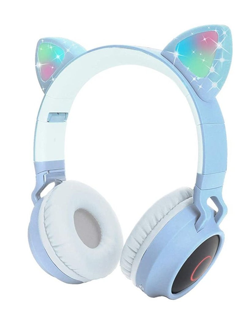 Cute Foldable Over On Ear Headsets With LED Light For Girl Bluetooth 5.0 Kids Cat Headphones For iPhone iPad Kindle Laptop PC Wireless Music Stereo Bass Headphone Light Blue Grey