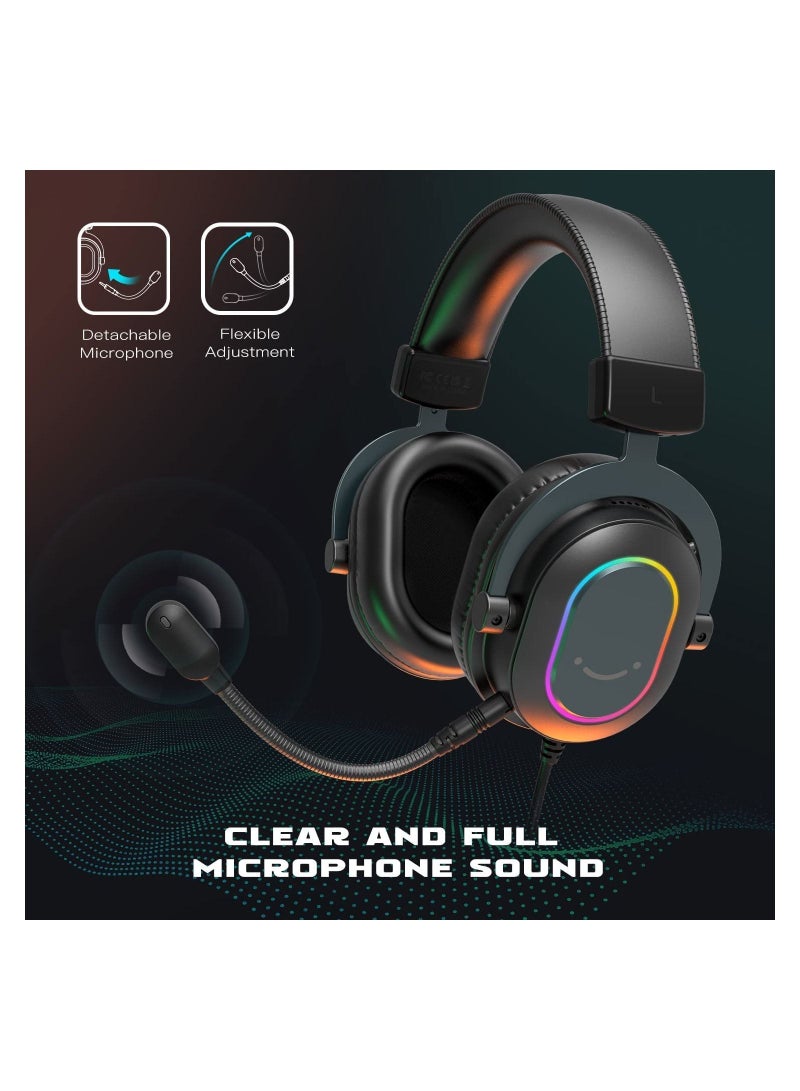 FIFINE Gaming Headset with Microphone, Over Ear Headphones with Wable, USB Headset for PC PS4 PS5, Headphone with 7.1 Surround Sound for Esport Gaming, RGB, 3 EQ Modes, Ear Pads - H6