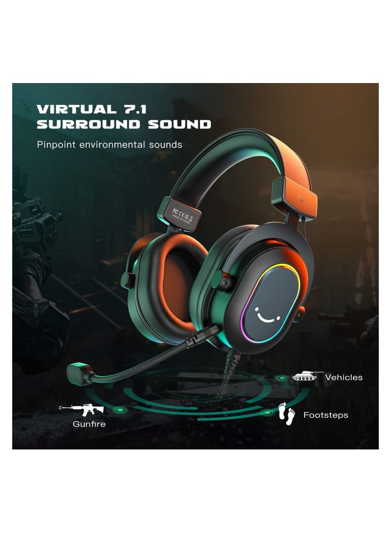 FIFINE Gaming Headset with Microphone, Over Ear Headphones with Wable, USB Headset for PC PS4 PS5, Headphone with 7.1 Surround Sound for Esport Gaming, RGB, 3 EQ Modes, Ear Pads - H6