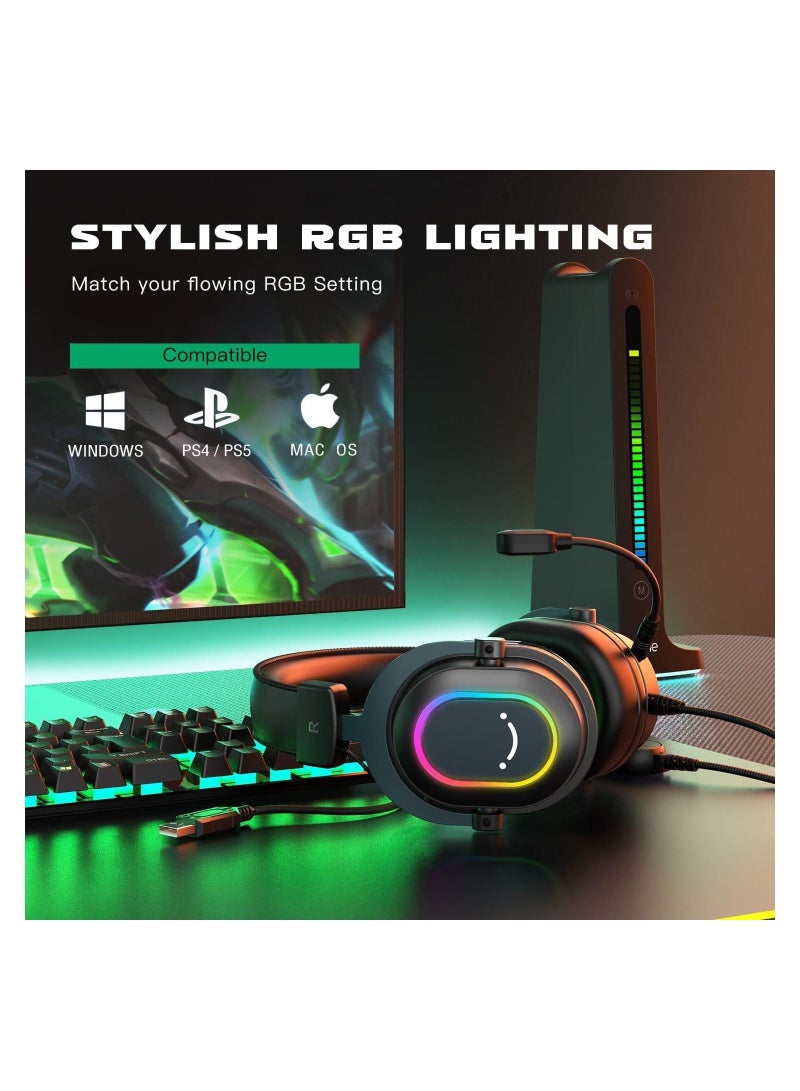 FIFINE Gaming Headset with Microphone, Over Ear Headphones with Wable, USB Headset for PC PS4 PS5, Headphone with 7.1 Surround Sound for Esport Gaming, RGB, 3 EQ Modes, Ear Pads - H6
