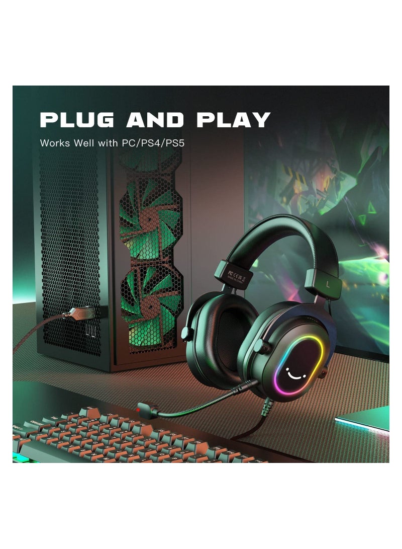 FIFINE Gaming Headset with Microphone, Over Ear Headphones with Wable, USB Headset for PC PS4 PS5, Headphone with 7.1 Surround Sound for Esport Gaming, RGB, 3 EQ Modes, Ear Pads - H6