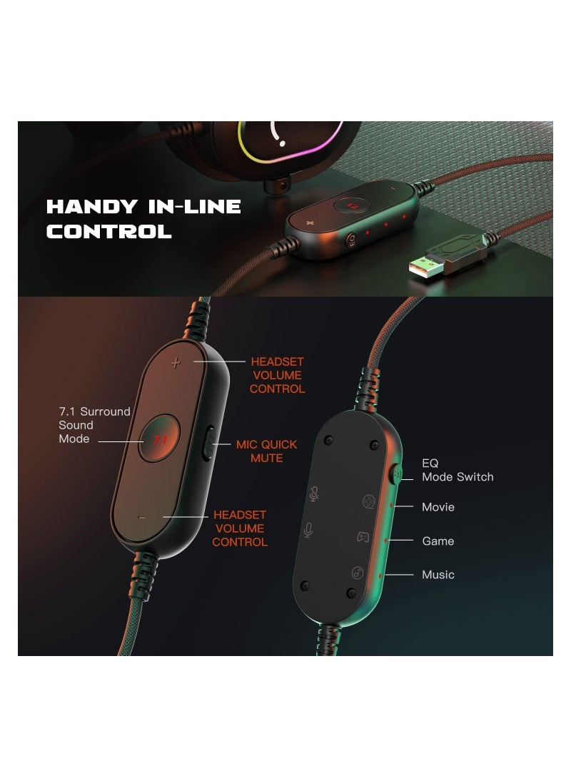 FIFINE Gaming Headset with Microphone, Over Ear Headphones with Wable, USB Headset for PC PS4 PS5, Headphone with 7.1 Surround Sound for Esport Gaming, RGB, 3 EQ Modes, Ear Pads - H6