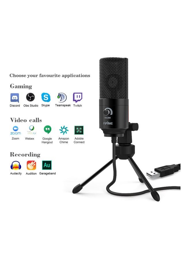 K669B Metal USB Microphone Condenser For Recording On Windows PC & Laptops, Cardioid Studio for Voice Recording, Input Volume Control Knob, Streaming And YouTube Videos K669B Black