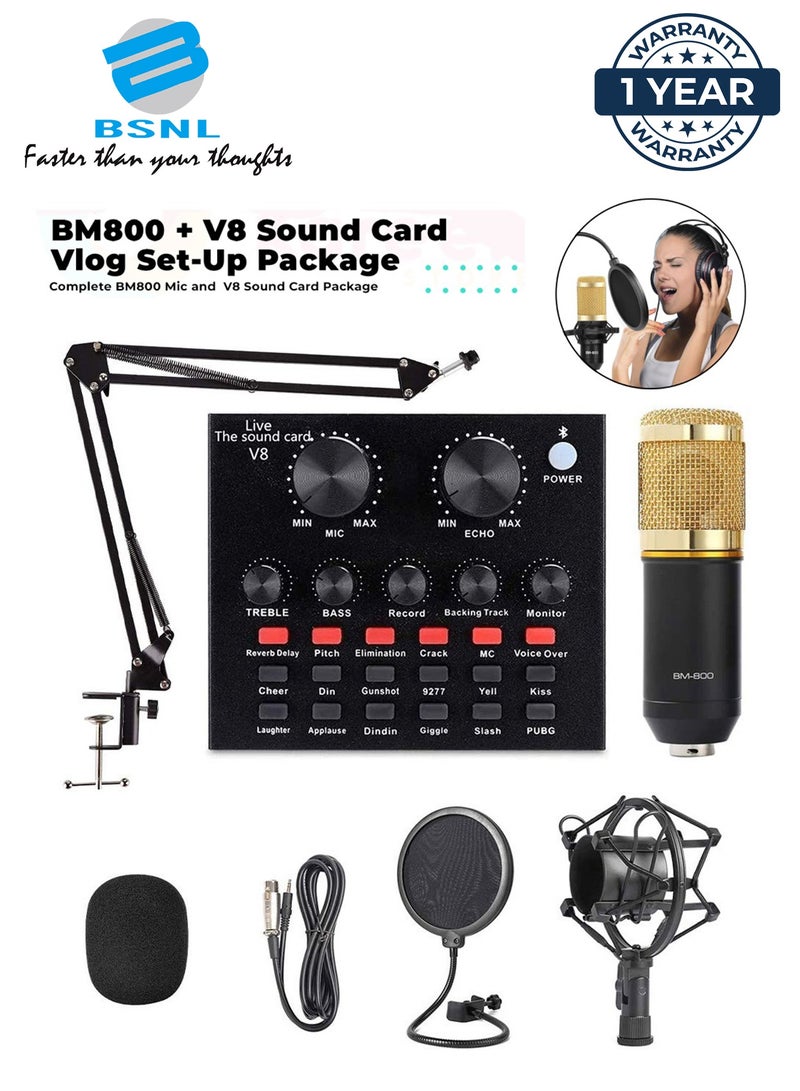 BSNL Professional Condenser Microphone Bundle Mic Kit with V8 Audio Sound Card And Metal Stand For Live Streaming Recording Broadcasting