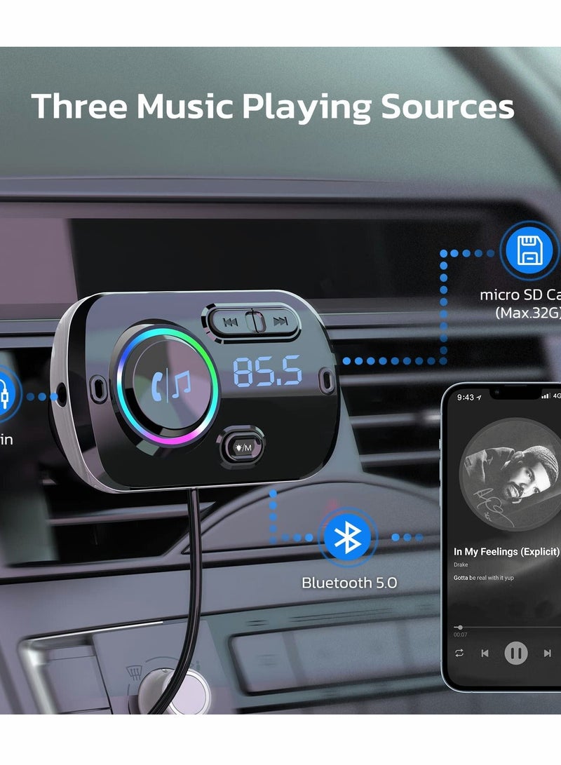 Bluetooth FM Transmitter for Car Bluetooth 5.0 Wireless Car Adapter with QC3.0 and 5V2.4A Dual Charging Port