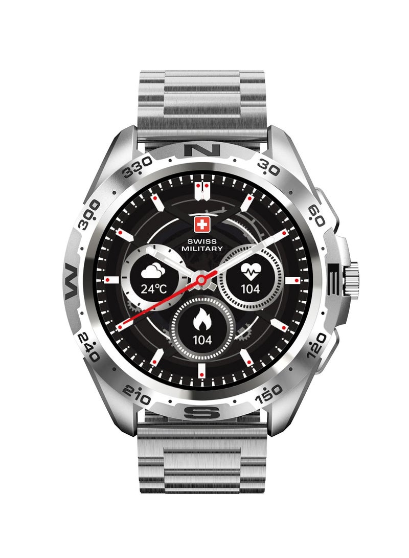 Swiss Military Dom Smartwatch:Call Features,Sports TrackingHeart Rate/Blood Pressure/Oxygen Level Monitoring, Magnetic Charging Base, 5-7 Days Battery Life Compatibility: iOS/Android - Silver
